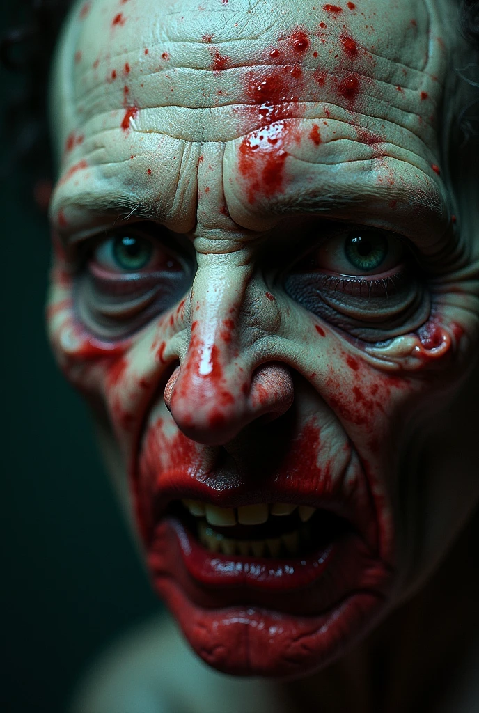closeup face of zombie, look horror and violence, high detail, kodak film, photorealism