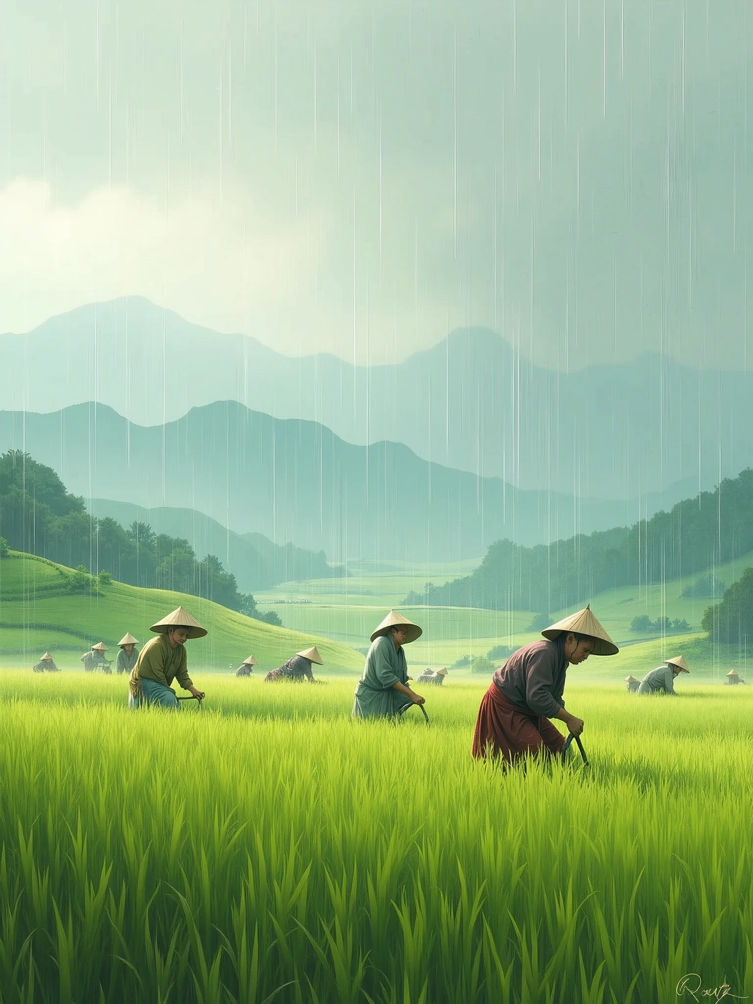 illustration,riceplanting, field with many farmers. rain,oainted by Wu Guanzhong,full details,horizontal composition.K 1000 