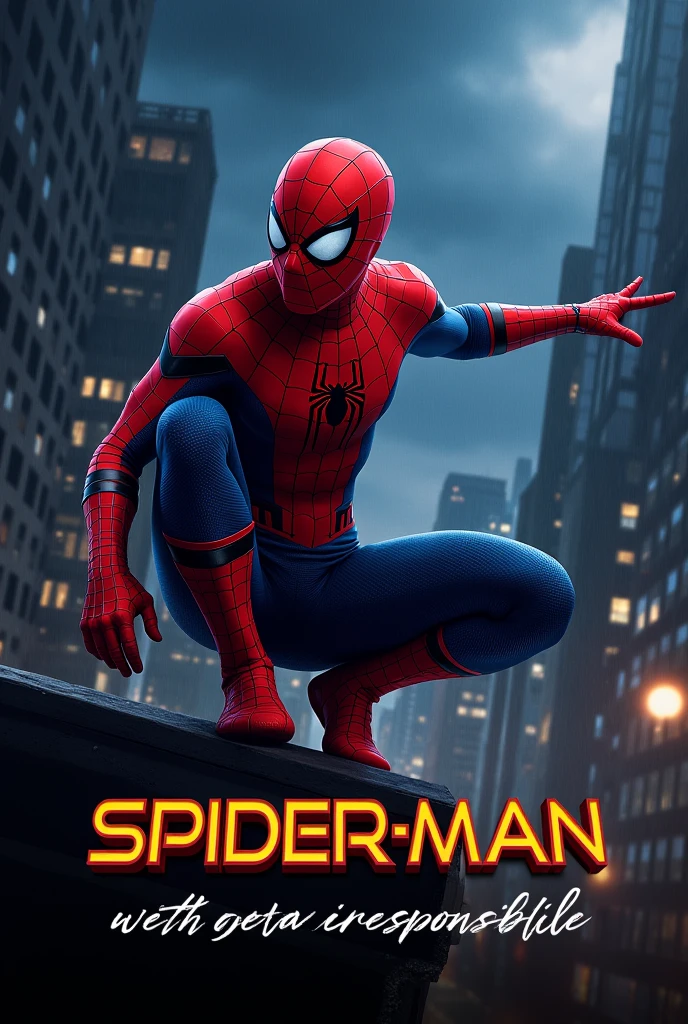 Create a cinematic poster featuring Spider-Man in his classic red and blue suit, swinging through the city or perched on a building, with a dramatic cityscape in the background. The scene should convey motion and energy, with Spider-Man in a dynamic pose, possibly mid-swing or ready to leap.The background should include a nighttime city skyline with glowing lights, emphasizing the urban environment. Use a color scheme with deep blues, blacks, and vivid reds, with contrasting bright highlights to emphasize the drama of the scene.At the top or bottom of the poster, include the text "WITH GREAT POWER COMES GREAT RESPONSIBILITY" in large, bold, and elegant letters, using a classic, serif font. The text should have a glowing effect or slight shadow, ensuring it stands out while blending seamlessly with the background, reflecting the seriousness and gravitas of the message.