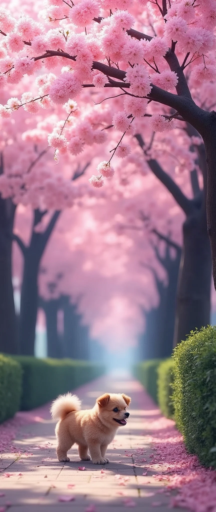 (masterpiece:1.2,Highest quality,Highest quality),(Very detailed),(An illustration),8k,wallpaper,Beautiful landscape photography,Japan,Cherry Blossom Tree Street,Cherry blossom petals falling,Small dog turning around