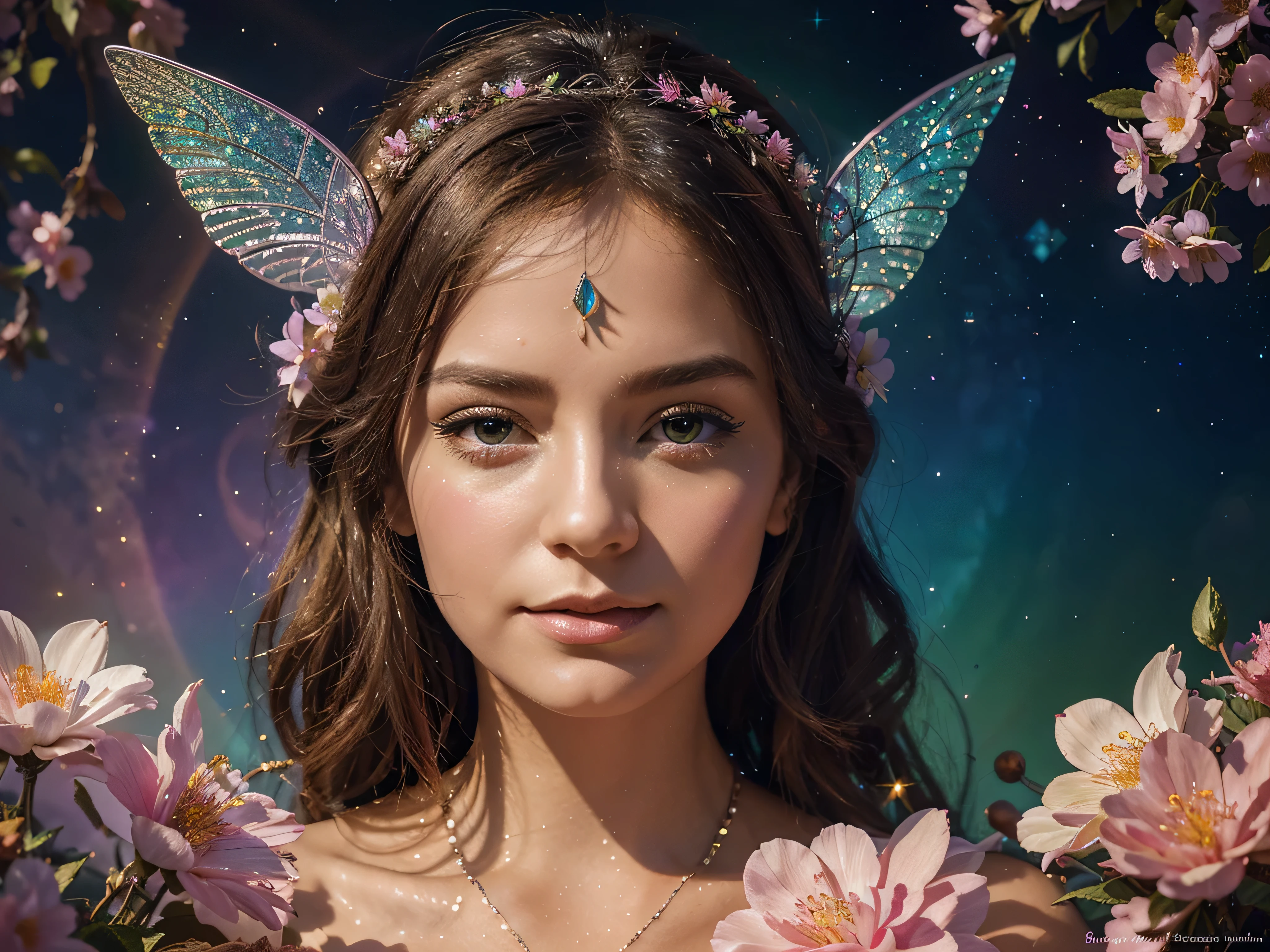 In a dazzling panoramic gouache painting, a resplendent fairy adorned in luminous crystals and shimmering petals captivates the eye. This detailed artwork showcases a whimsical scene of nature's enchantment. The fairy's wings glisten with an ethereal iridescence, casting rainbow hues across the vibrant floral backdrop. Each delicate feature is expertly rendered, creating a magical aura of fantasy and beauty. This image is a testament to the artist's skill and imagination, inviting viewers into a world of wonder and delight.