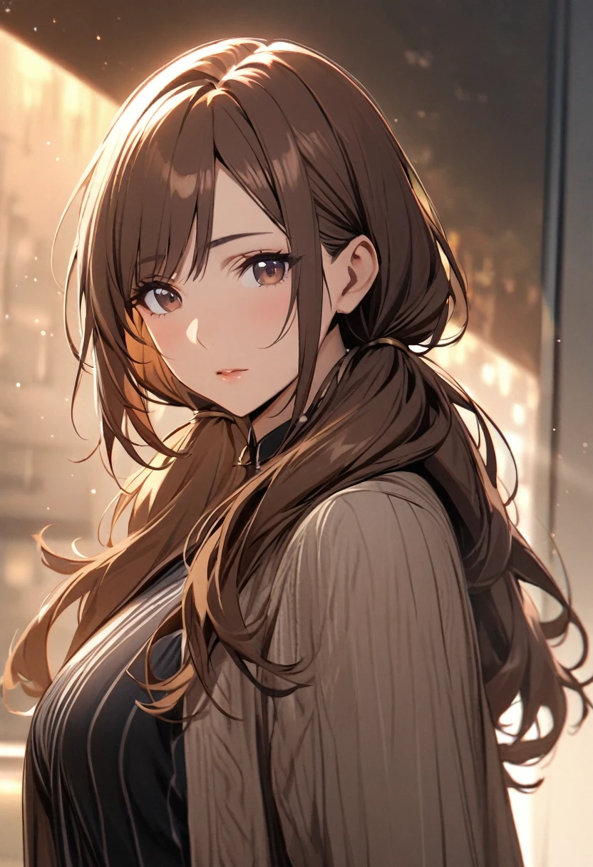 Solo, 1girl, Long Hair, low twin tails, brown hair, dark brown eyes, mature, high detail, adult, calm, bangs swept to the side