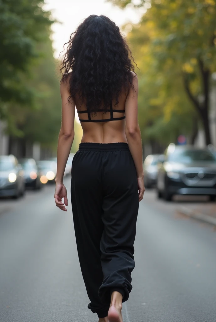 black hair, White skinned, black sweatpants, barefoot, A braless woman walks on the street in her male neighbor's arms
