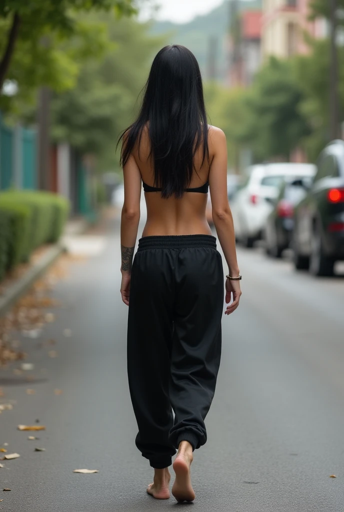 black hair, White skinned, black sweatpants, barefoot, A braless woman walks on the street in her male neighbor&#39;s arms