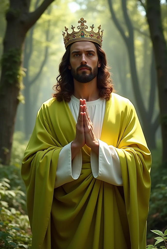 Perfect hand 5 finger, Portrait of a handsome Jesus Christ wearing the lime king clothes with king crown in the magic forest, Jesus Christ, real blue eyes, sunny day, intricate details.real Jesus Christ, straight head face, Straight body.Prayer Jesus Christ, perfect full body, perfect hands finger,Prayer Jesus Christ, praying Jesus Christ backgrounds natural photographic