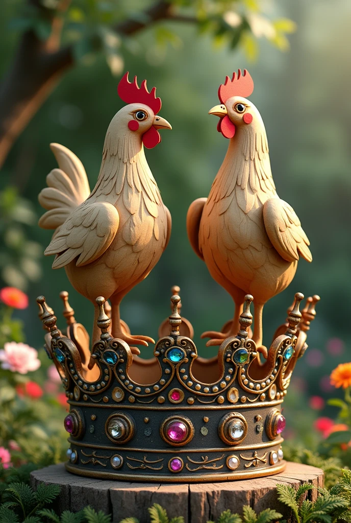 A crown with 2 cardboard cutout of a chicken