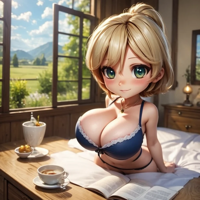 (((chibi))), suujinikuladybug, makima, leaning forward, scenery, bedroom, morning, big window, breasts, large breasts, huge breasts, gigantic breasts, suujiniku