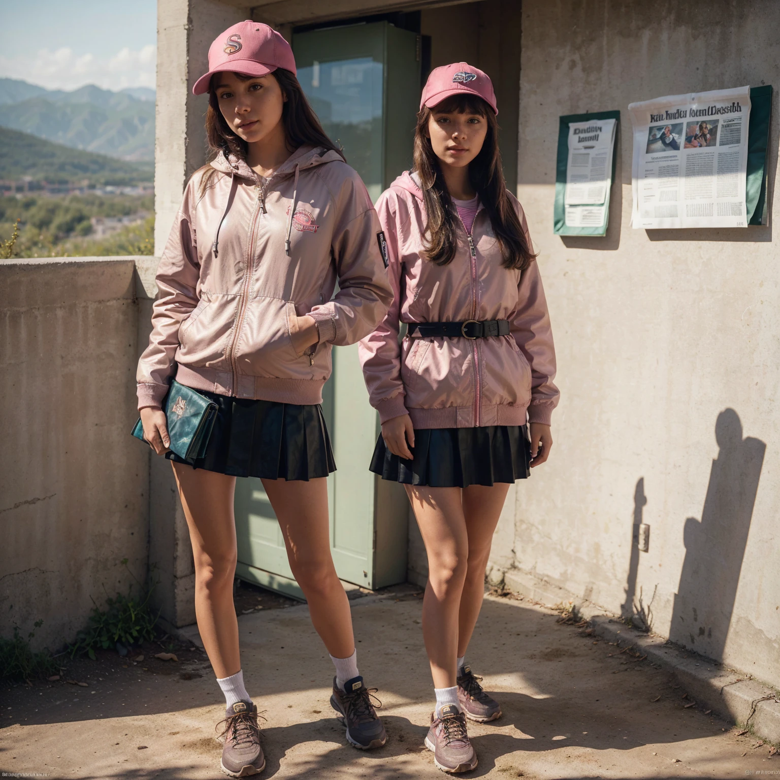 1 Girl,Long hair, pink, Baseball cap，Bangs, XXRALLY brand hooded jacket,Leather Skirt,Hiking shoes, Brown eyes,permanent, diaphragm,belt,morning_Light,newspaper, newspaper wall,((masterpiece, best quality, Very detailed, Good composition)), hooded supreme
