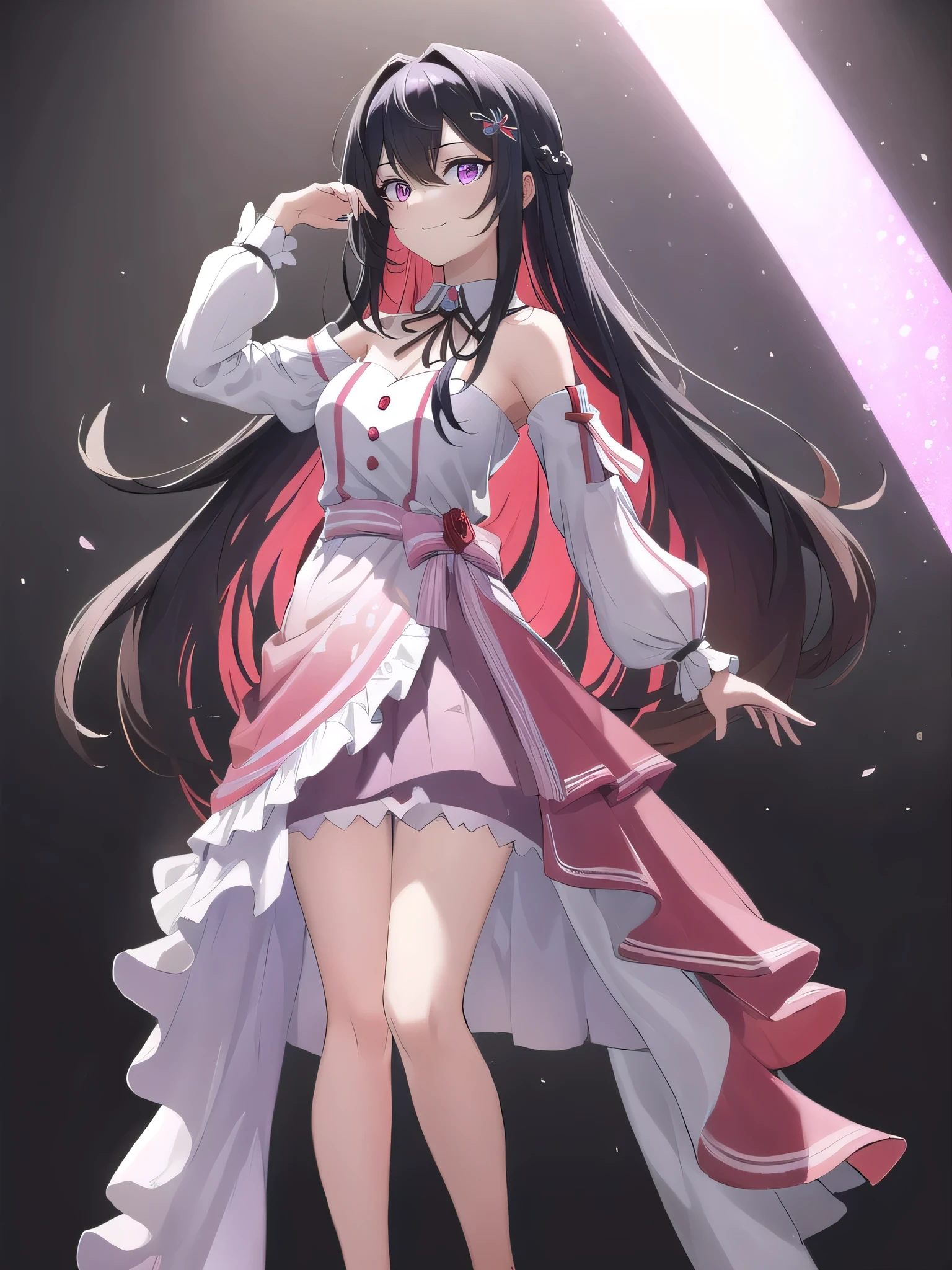(masterpiece:1.3), (Absurd:1.3), (Highest quality:1.3), (Very detailed:1.3),(Best Shadow:0.7), (Processed Hair), (Sharp eyeliner, eye shadow, Detailed eyes:1.1), Perfect Anatomy, BREAK AZKi_(Hololive), AZKi \(Hololive\), Large Breasts, Multicolored Hair, Pink Hair, (Purple eyes, Glowing Eyes), Black Hair, Hair between the eyes, jewelry, x Hair accessories, bangs, Very long hair, Striped Hair, Hair Clip, A light smile, Mouth closed, No sleeve, Strapless, Underarm,standing,white ground,full body