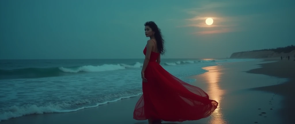 Arav woman in red dress walking on the beach,Background with full moon, Fantasy movie stills, Stunning photography, An ethereal still painting, Stunning mood photography, Beautiful photography, still from a music video, Miss Angela, great composition cinematic, Stunning photography, Dramatic film composition, 2 0 2 1 Movie 4k frame grab