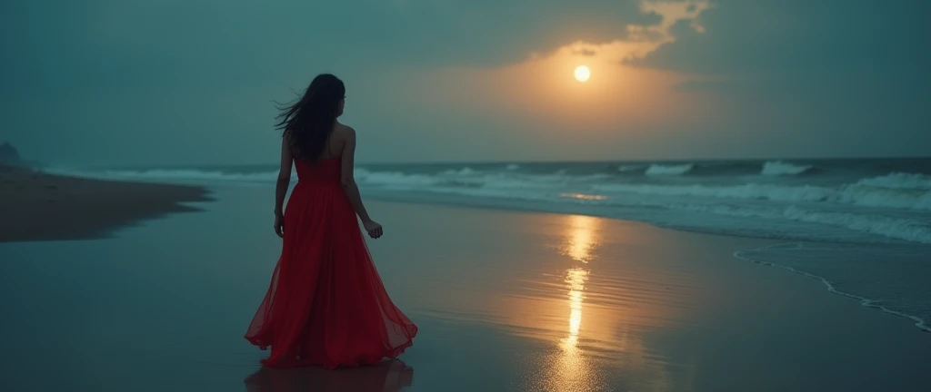 Arav woman in red dress walking on the beach,Background with full moon, Fantasy movie stills, Stunning photography, An ethereal still painting, Stunning mood photography, Beautiful photography, still from a music video, Miss Angela, great composition cinematic, Stunning photography, Dramatic film composition, 2 0 2 1 Movie 4k frame grab
