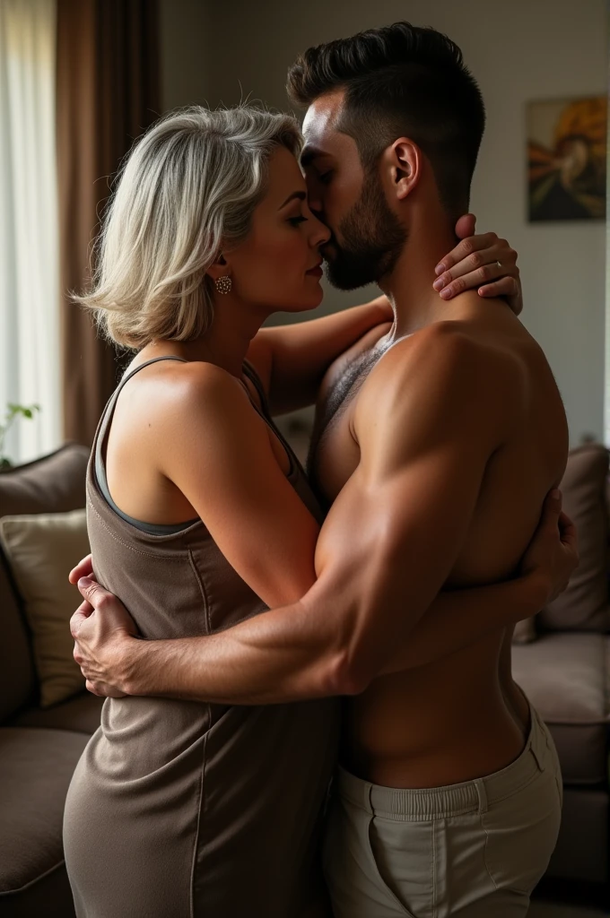 Create a raw and rugged image of Eva and Ryan in a passionate doggystyle position. Eva is a woman with a slender figure, straight blonde hair tied up in a high ponytail, and a mischievous smile. She is wearing crotchless leather pants and a tight leather top, exuding a wild and rebellious vibe. Ryan is a muscular man with short blond hair and a powerful presence. He is naked, showcasing his chiseled physique, and engaging with Eva intensely. They are in a large, dimly lit bedroom with only a mattress on the floor, emphasizing the raw and primal nature of their encounter. The atmosphere is electric and filled with unrestrained passion, capturing the very essence of their heated moment