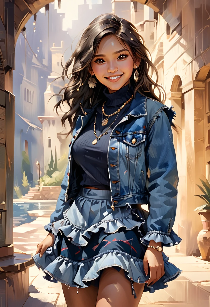 ((full body:1.4)),Pretty 18 yo Native American woman, beautiful fit figure. Warm(smile:1.1). Denim jacket, turtleneck, ruffle skirt, sandals, necklace.Masterpiece, best quality,(highly detailed:1.2),(detailed face and eyes:1.2), 8k wallpaper, depth of field, natural lighting. core shadows, high contrast, bokeh.(rule of thirds), cinematic, atmospheric, contrast, intricate,