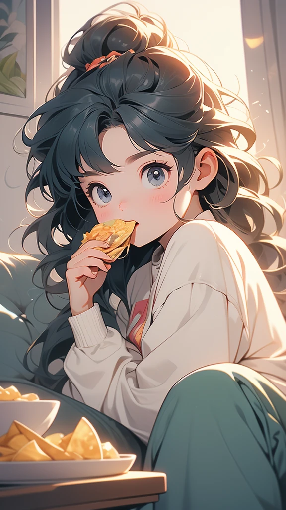 slightly chubby girl watching a movie and eating crisps from a bowl, ,,HoloDayo XL