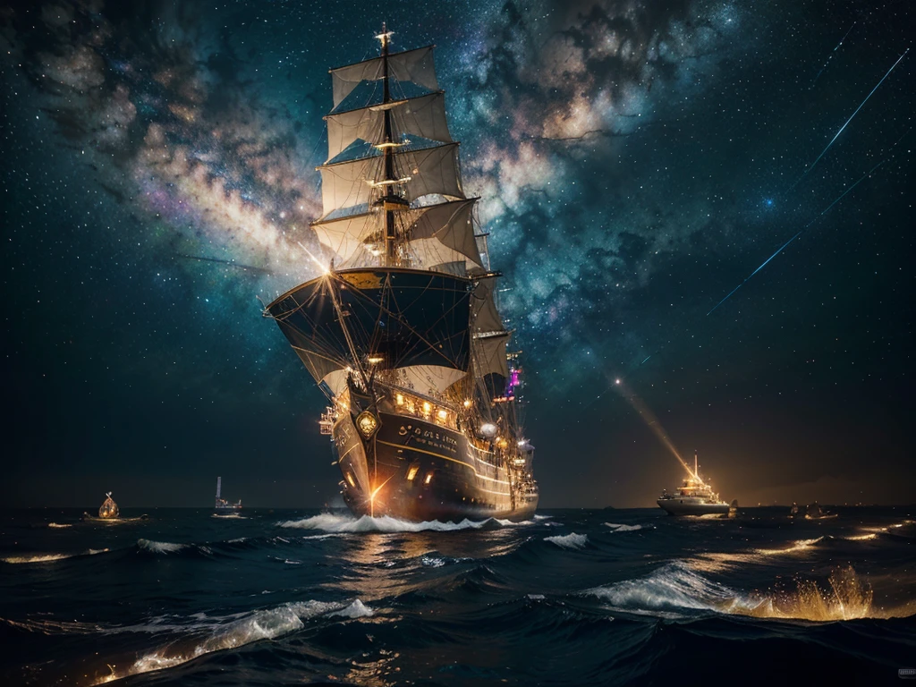 A luminously swirling celestial ship adorned in an array of vivid colors intertwined with golden accents, navigating through a sea of sparkling stars and galaxies in a majestic cosmic canvas. The main subject is a spaceship in a digital anime illustration. This detailed and intricate painting captures the essence of futuristic adventure and exploration, with dazzling lights and intricate designs that truly bring the scene to life. The image is stunningly vibrant and immersive, evoking a sense of wonder and awe in its viewers.