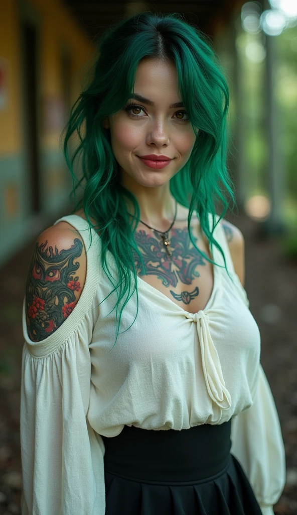 
Extremely specific 4K photograph of a woman with colorful tattoos, green hair, Brown eyes, soft smile, wearing a white woolen blouse and black skirt, horror park, halloween