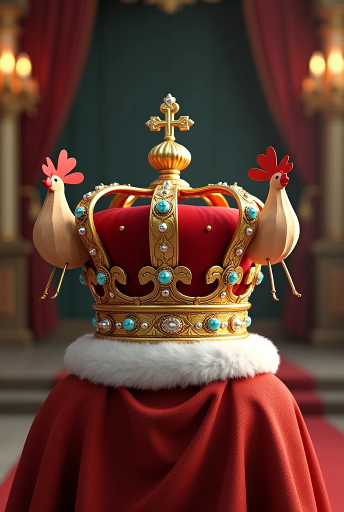 A crown with 2 cardboard cutout of a chicken on the side