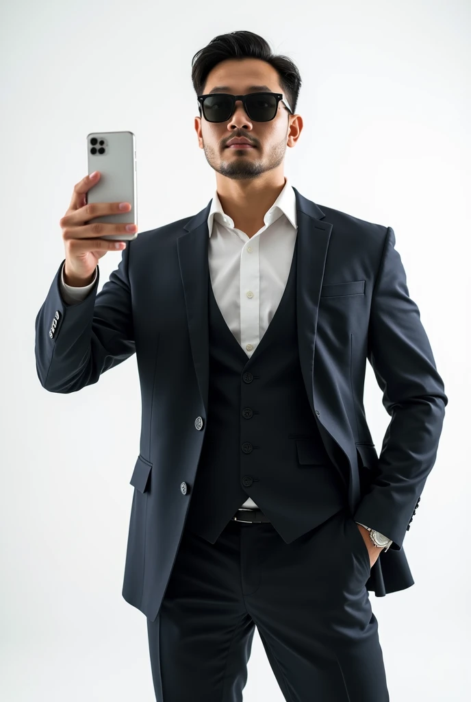 Asian strong buff man(He is strong,buff,confident, wears a suit and sunglasses and look fearless.)hand up phone with white background