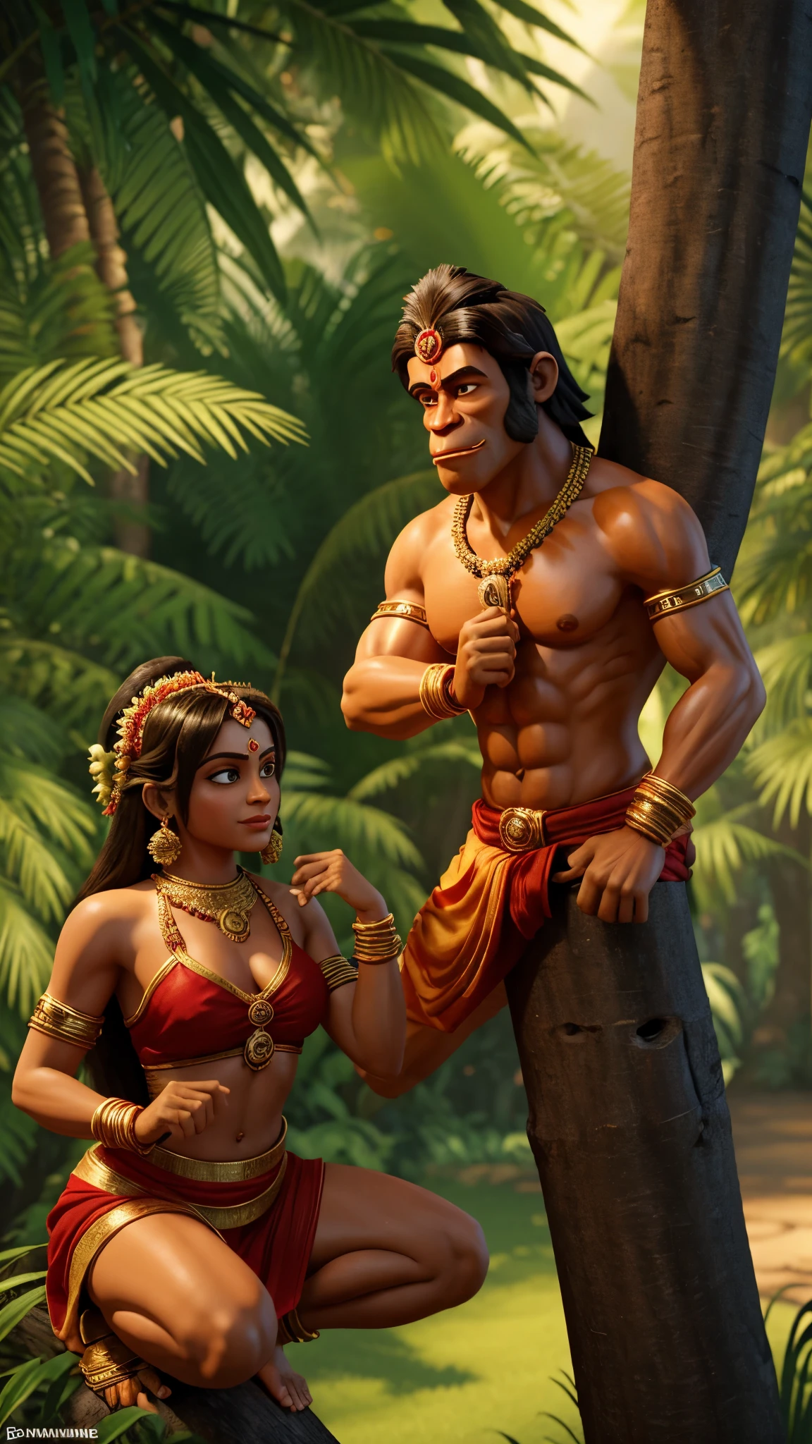 In cinemate 3D cartoon style .Hanuman hides on the branch of a tree and sees Sita, who is in deep sorrow and remembering Rama. Hanuman comes to her and conveys Rama's message to her. Initially Sita does not recognize Hanuman, but when Hanuman shows Rama's ring, Sita believes that Hanuman is Rama's messenger.