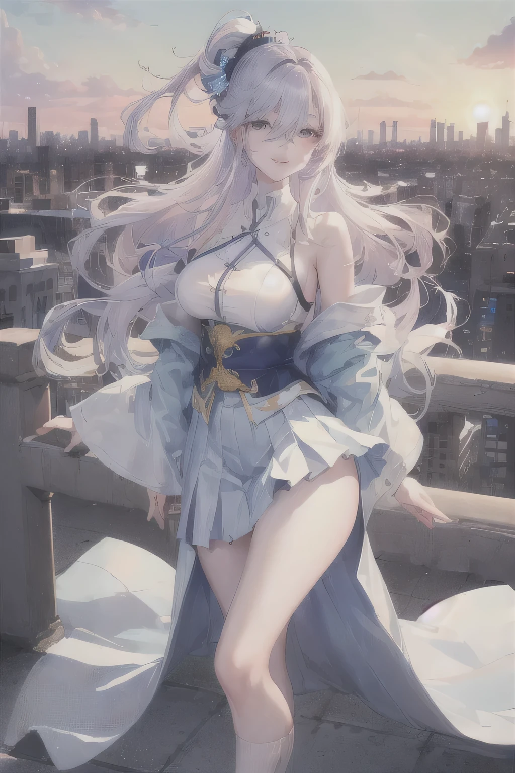official art, masterpiece, sharp focus, (beautiful gorgeous cute Korean woman:1.3), (beautiful cute korean:1.3), korean beauty, Delicate and beautiful hair and eyes and face, realistic, ultra detailed, beautiful girl, blue sky, glow white particle, (sidelighting:1.2), sun light, white cloud, detailed clouds, slender, Lovely very large breasts and very large hips, smile with teeth, ((smile with eyes, open both eyes)), scenery, long straight hair, sexy facial expression, building, (cityscape:1.7), dynamic hair, long straight hair, detailed platinum pink hair, glow blue eyes, (blue pleated shirts + white skirt), white long socks, pale skin, hair ornament, epic scenery,