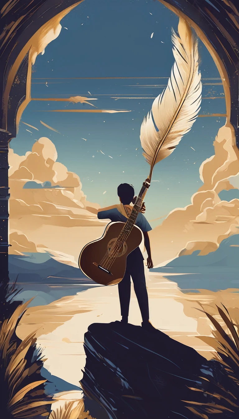 Create a minimal, modern, simple, inspirational, memorable, dream like logo design of a boy bowing and holding a brown acoutic guitar on the right hand and a vibrant, poetic, elegant, hypnotic, cinematic white-blue-golden feather for the brand “Penamemoria".