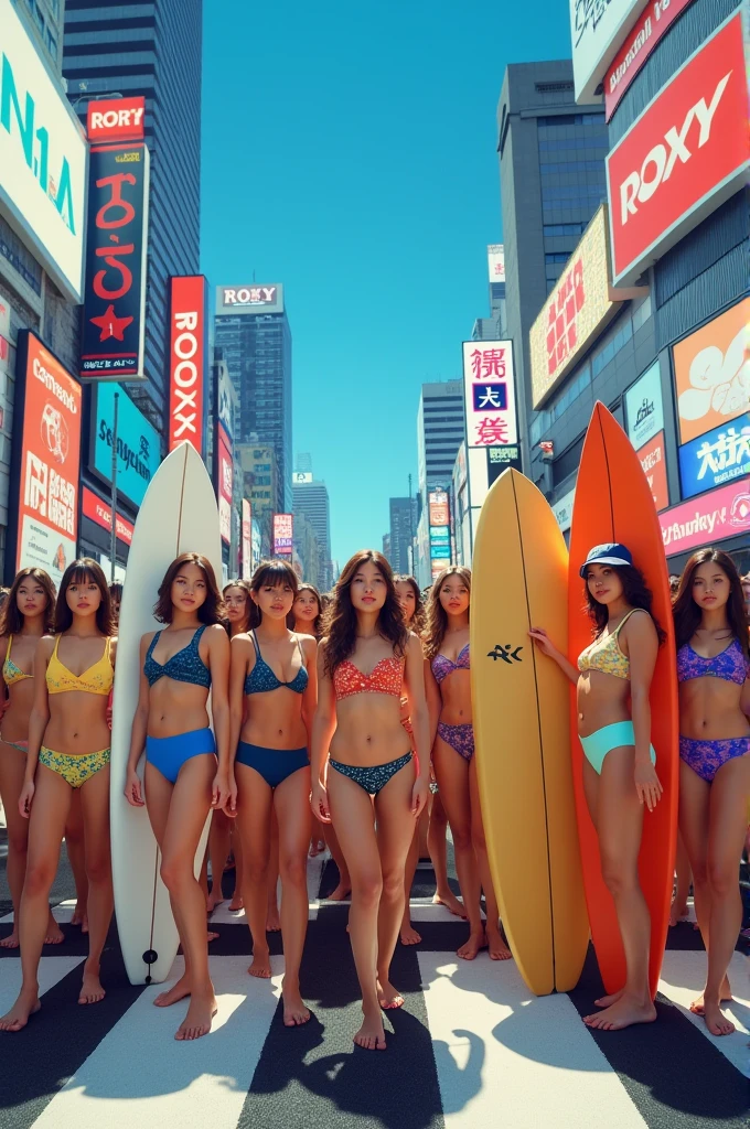 200 surfer girls at Shibuya Crossing、Have a surfboard。Bikini and、Rash guard、wetsuit、All ROXY products。Japanese and Americans、Australia、Surfers from around the world, including Europe