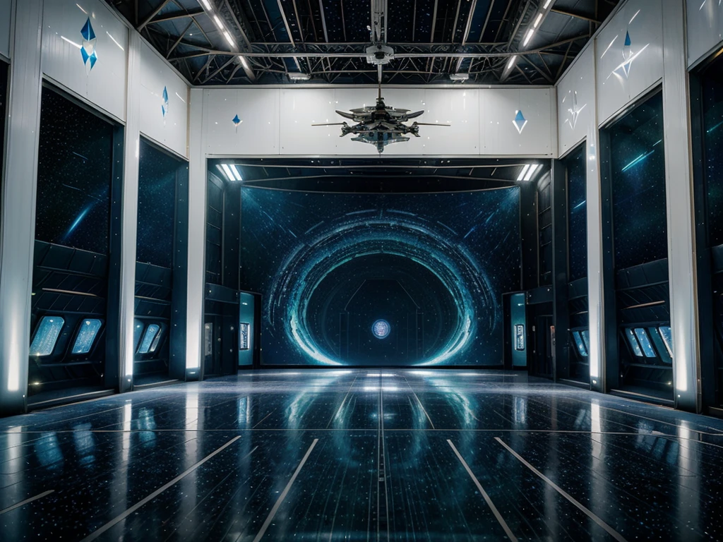 A shimmering starship hangar, bathed in ethereal light and filled with intricate metallic structures reflecting the rainbow hues of distant galaxies. The main subject of this gouache painting is a colossal spaceship, sleek and futuristic, waiting to embark on a cosmic journey. The image is incredibly detailed, evoking a sense of wonder and awe with its vibrant colors and intricate designs. Every corner of the hangar is filled with glowing panels, swirling patterns, and sparkling stars, creating a mesmerizing and immersive scene. This high-quality painting captures the essence of space exploration and technological advancement with breathtaking beauty.