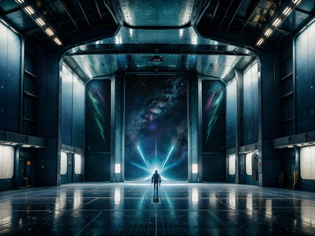 A shimmering starship hangar, bathed in ethereal light and filled with intricate metallic structures reflecting the rainbow hues of distant galaxies. The main subject of this gouache painting is a colossal spaceship, sleek and futuristic, waiting to embark on a cosmic journey. The image is incredibly detailed, evoking a sense of wonder and awe with its vibrant colors and intricate designs. Every corner of the hangar is filled with glowing panels, swirling patterns, and sparkling stars, creating a mesmerizing and immersive scene. This high-quality painting captures the essence of space exploration and technological advancement with breathtaking beauty.