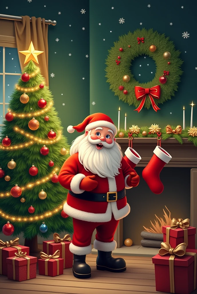 with cheerful background, This picture is、Santa Claus and his reindeer are shown having fun at the Christmas party. The paintings are characterized by bright colors and delicate details, Gives the viewer a fun and warm atmosphere.
in the evening background, A quiet snowy landscape and a cold starry sky match.
santa claus, dressed in a gorgeous red dress, Standing on the gorgeous Christmas stage.
with big smiles on their faces, Santa holds up a bag full of presents in both hands、Shower presents around the reindeer and other party-goers.
reindeer wrapped in colorful ribbons, Some people danced cheerfully, and some people made fun of each other.
Christmas elves set up a gorgeous stage and decorations for the party, they dance merry to celebrate Christmas、where I'm singing.
beside the stage, There is a huge Christmas tree, Decorated with colorful lights and all kinds of luxurious decorations.
There are some other festive elements in the background, colored lights etc., snowman, gift pile, etc., Enhance the atmosphere of your carnival party.
This picture is、It combines Santa theme with carnival and joy atmosphere, Showing the unique charm and warmth of Christmas. the viewer appreciates the painting、You can feel the atmosphere of happiness and reunion brought by Christmas.