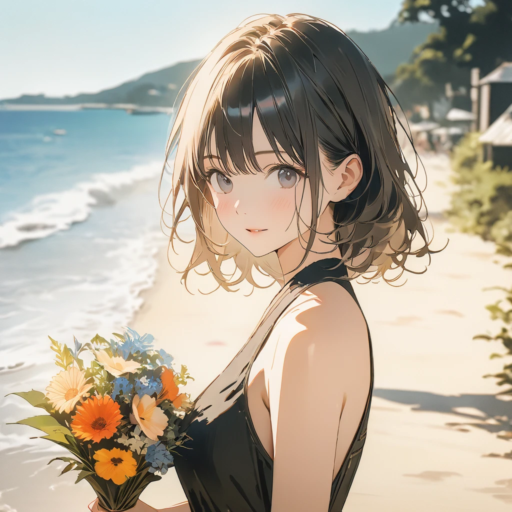 anime、Digital Art、Flat Design、超High resolution, (masterpiece:1.2), Highest quality, High resolution, Awards, Attention to detail,girl, Summer Scenery , seaside , rustle in the wind, beautiful shadow ,illustration, Illustrations, Posterization, In Duotone, ((best quality,masterpiece)), (ultra hig res:1.0), 8k, (((Blurred Background))), digital art