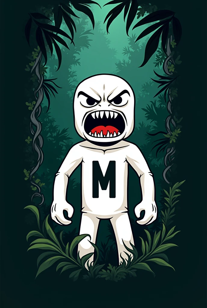 Make a logo a white stickman with angry roar face with m letter in stomach and jungle background