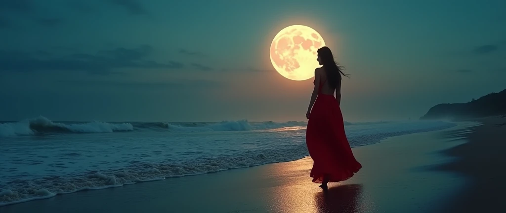 Arav woman in red dress walking on the beach,Background with full moon, Fantasy movie stills, Stunning photography, An ethereal still painting, Stunning mood photography, Beautiful photography, still from a music video, Miss Angela, great composition cinematic, Stunning photography, Dramatic film composition, 2 0 2 1 Movie 4k frame grab