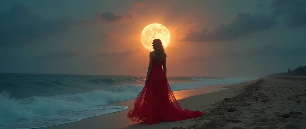 Arav woman in red dress walking on the beach，Background with full moon, Fantasy movie stills, Stunning photography, An ethereal still painting, Stunning mood photography, Beautiful photography, still from a music video, Miss Angela, great composition cinematic, Stunning photography, Dramatic film composition, 2 0 2 1 Movie 4k frame grab