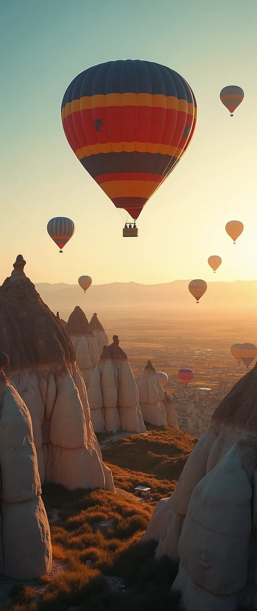 (Highest quality),(masterpiece:1.2),(Very detailed:1.2),Ultra-high resolution,(Photorealistic Stick),(RAW Photos:1.2),8k,Vast landscape photography,Realistic photos,Elaborate photos,A lot of balloons are flying,Beautiful balloons,Turkiye,Cappadocia,Written boundary depth,Sharp focus,In the clouds,Shooting from above,The land below,Beautiful colors,Written boundary depth,Wide Light,Low contrast,Backlight,Sharp focus,Vibrant colors,Fantasy,moving composition