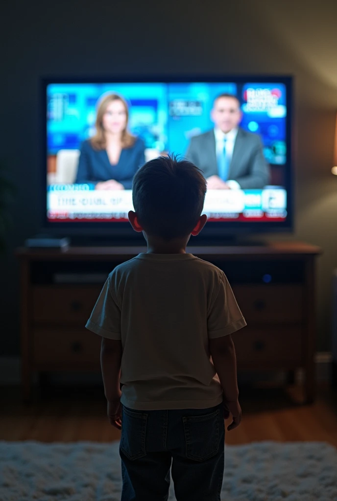 One boy stand, and his back side a tv news