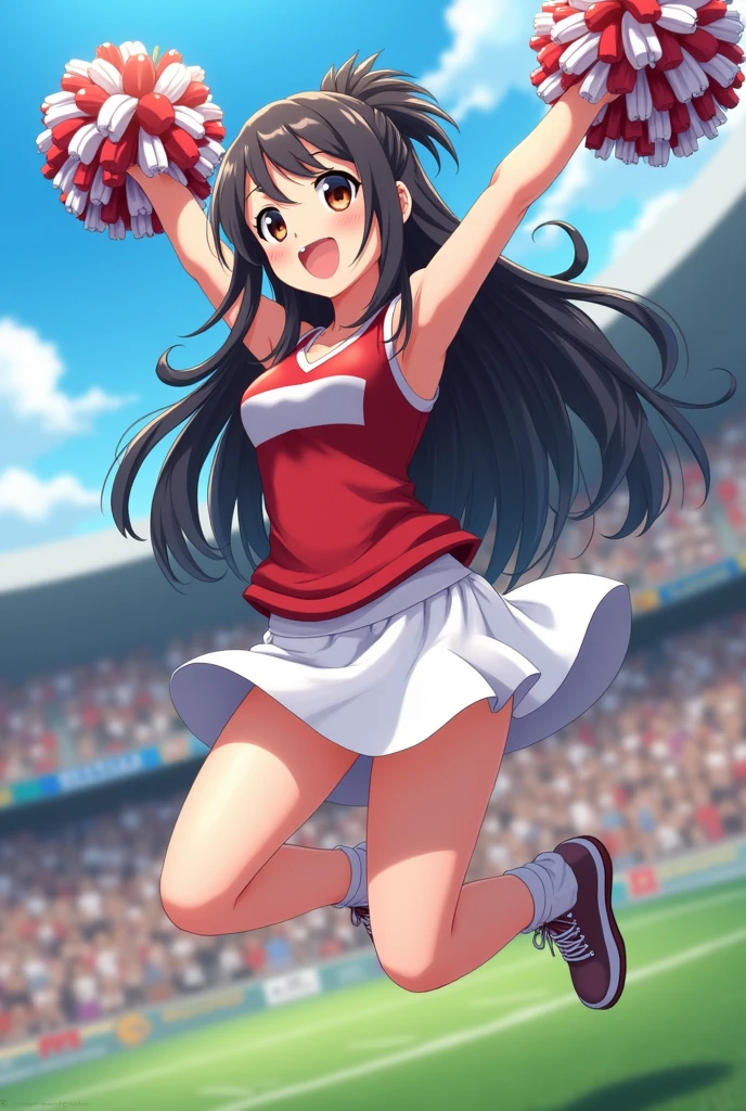 Anime Style。Cheerleading with pom-poms in a stadium full of spectators。
While jumping, her skirt flipped up, revealing her white underwear.。Sweating under my arms、Steamy。
Big Breasts