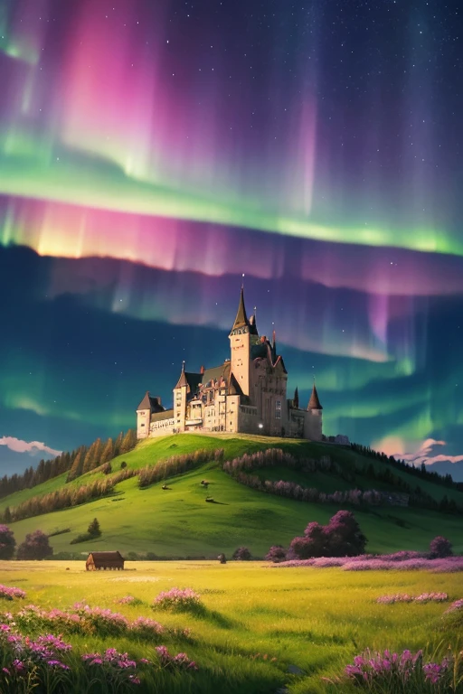 A painting of a castle in the middle of a field with the aurora shining, Beautiful anime scene, Beautiful Art UHD 4K, Colorful anime movie background, inspired By Yuumei, anime art wallpaper 4k, anime art wallpaper 4k, Anime Background Art, Anime scenery, By Yuumei, Beautiful peaceful scene in anime, howling\Moving Night Castle