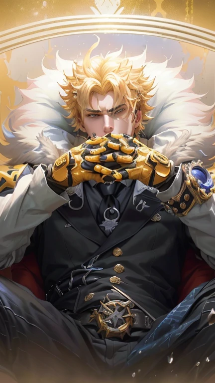 there is a man sitting in a chair with a glove on, casimir art, dio brando, key anime art, iconic character splash art, artgrem, a portrait of junkrat, god king of ai art, official splash art, portrait of fin wildcloak, guilty gear strive splash art, xqc, splash art, detailed key anime art