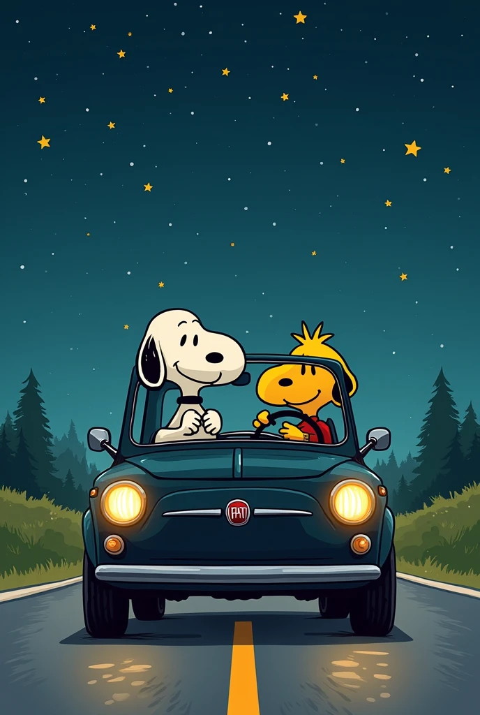Snoopy and his friend the bird  ( just the two of them ) in a car and Snoopy is driving and his bird is co-pilot and I want it to look from the front as if the car was going straight towards you and the car is black, Fiat brand and has a starry night in the background, 2D image Make it simpler like a drawing and I want it to be a hatchback style car and not a car without a roof and that Snoopy and the bird look like their original design and the bird looks in profile like its 2D style I want Snoopy and his friend the bird to look like the originals and that the photo has a 2D style as if it were a drawing and in the photo Snoopy is driving and his friend the bird is the co-pilot I don&#39;t want anyone else in the car 