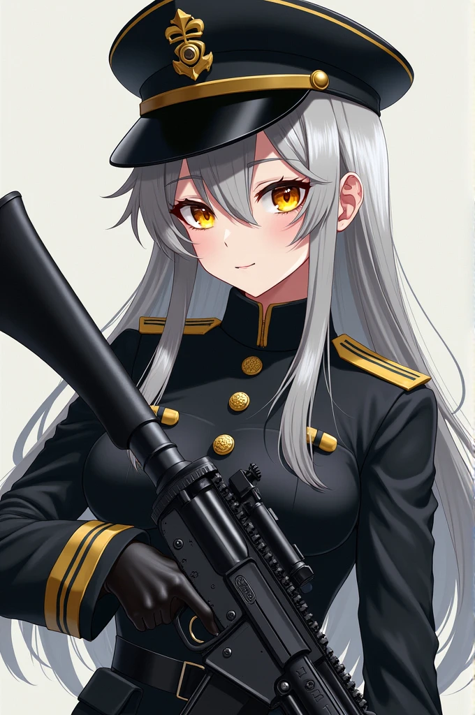 You could create a girl Anime style She has gray hair White skin Yellow eyes between orange She wears a black female military outfit and along with a Mexican military helmet also black She is holding a weapon and wearing a black face mask