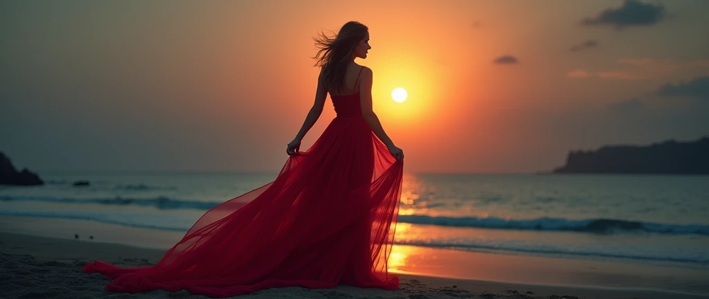 Arav woman in red dress walking on the beach,Background with full moon, Fantasy movie stills, Stunning photography, An ethereal still painting, Stunning mood photography, Beautiful photography, still from a music video, Miss Angela, great composition cinematic, Stunning photography, Dramatic film composition, 2 0 2 1 Movie 4k frame grab