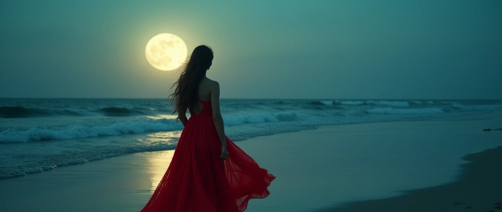 Arav woman in red dress walking on the beach，Background with full moon, Fantasy movie stills, Stunning photography, An ethereal still painting, Stunning mood photography, Beautiful photography, still from a music video, Miss Angela, great composition cinematic, Stunning photography, Dramatic film composition, 2 0 2 1 Movie 4k frame grab