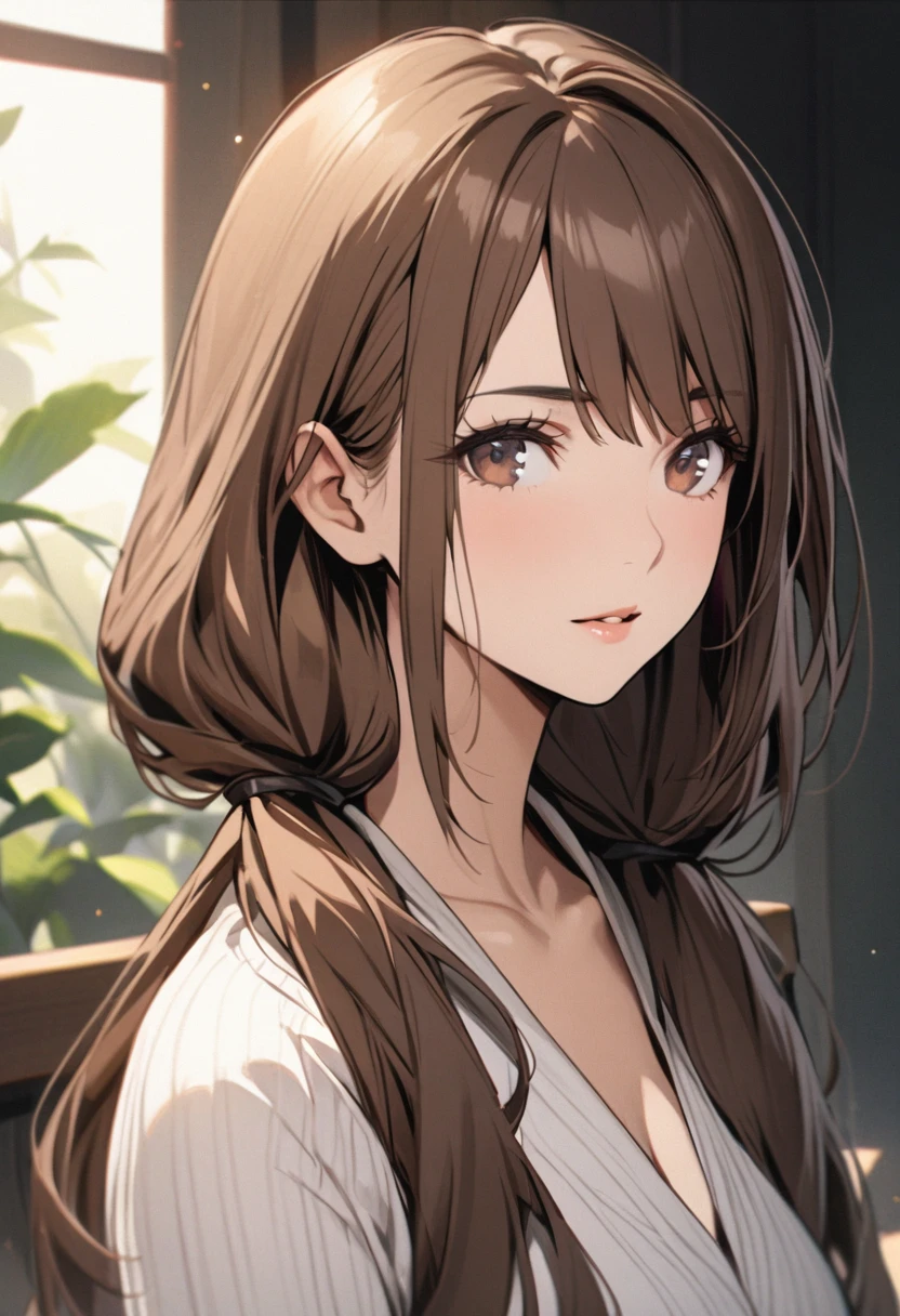 Solo, 1girl, Long Hair, low twin tails, brown hair, dark brown eyes, mature, high detail, adult, calm, bangs swept to the side