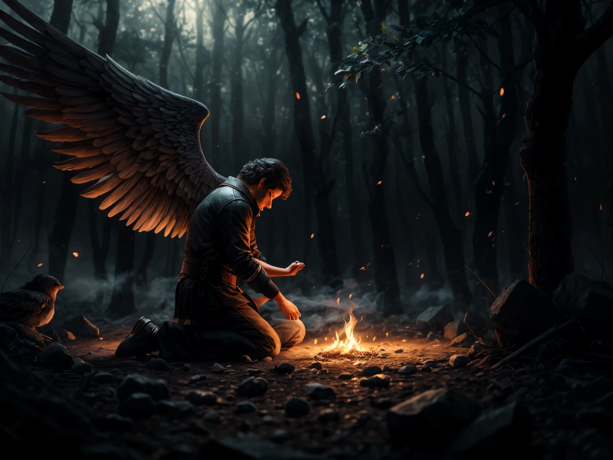 (s4w3d0ff), a man kneeling down with wings spread out and broken, a hyperrealistic painting by Olga Ibadullayeva, happening disgrace, the angels are crying, fallen angel, angels protecting a praying old man, angel protecting man, emotional picture, biblical accurate angel, biblically accurate angel, human need death angel, to fathom hell or go angelic, s4w3d0ff, etheric drawing. [Entire scene is surrounded by mist, evoking a mysterious and eerie atmosphere. The lighting is dark and atmospheric, with smoke and fog adding a touch of sinister ambiance. Best quality image, HDR enhancement, showcasing the utmost level of detail and realism]. [8K, Best Quality, Ultra High Resolution, (highly detailed CG unity 8k wallpaper), (best photo), (best shadows), isometric 3D, octane rendering, ray tracing, highly detailed, (Best quality, 4K, 8k:1.2), absurdity, ultra detailed, (realistic, photorealistic, photorealistic:1.37), complex parts, HDR, (complex parts:1.12), (hyper detailed, hyper realistic, Soft lighting, spicy:1.2), (complex parts, Hyper detailed:1.15). Blurred foreground. (backlit), masterpiece, high quality, brightness, chromatic aberration, foggy smoke, shadows, contrast, (warm hue, warm tone), high details, natural reflections].