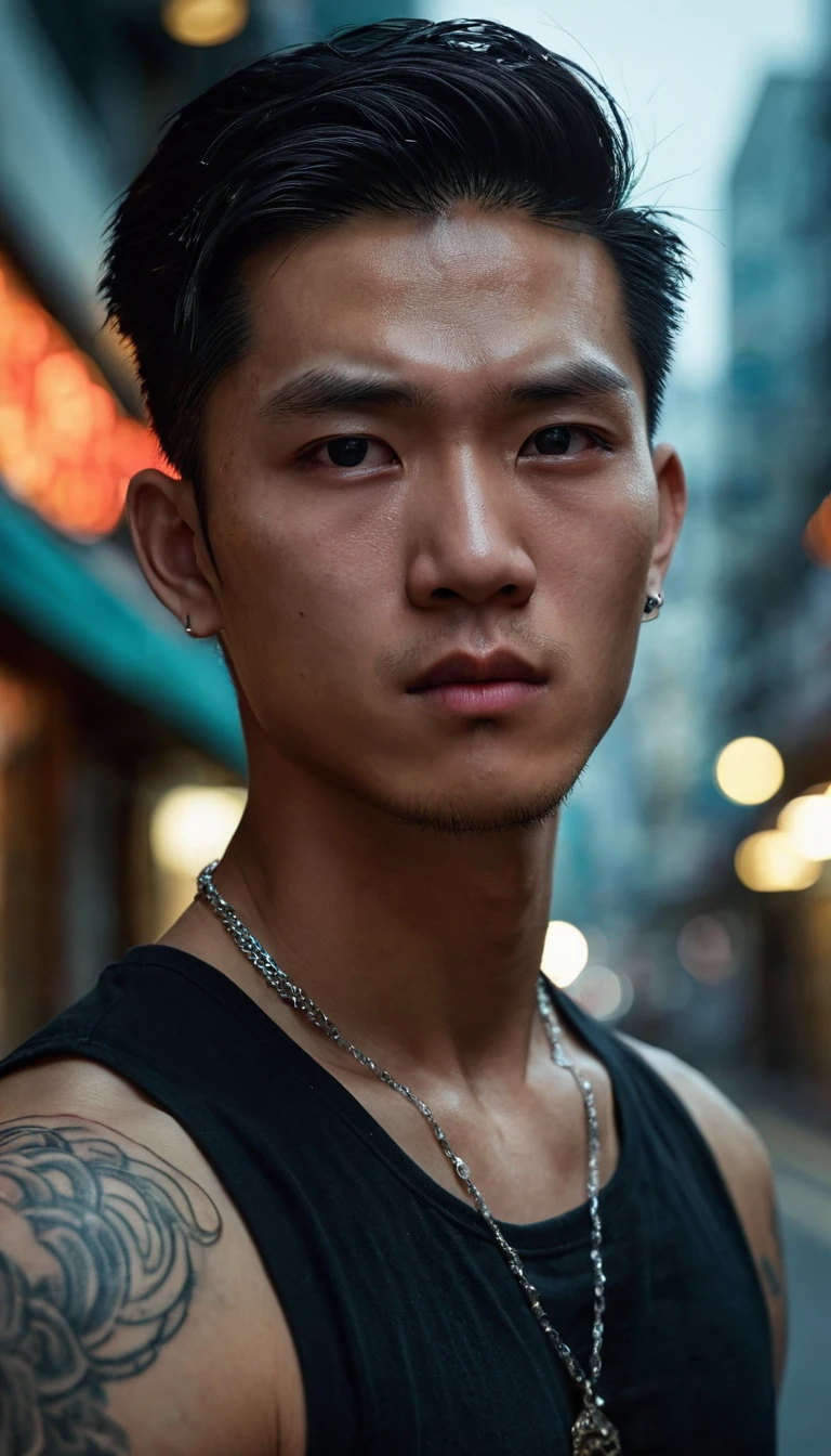 ((Close-up)) of a man, extremely handsome, , muscular, tattooed, wearing a necklace, hair tied up, street scene, gangster style, romance, Hong Kong cinema. Eyes are filled with sadness and longing. The background is a trail of blood and violence. Kind, slightly curved lips suggesting a faint smile. Wide, almond-shaped eyes with a deep, melancholic gaze. Eyebrows slightly furrowed, conveying inner turmoil. Eyes are filled with sadness and longing. Smooth forehead with a hint of worry lines. The atmosphere is tense and foreboding, with a hint of supernatural energy. HongKong cinema.Hyper-realistic digital painting style with fine details. High-resolution image emphasizing texture of skin and eyes. Hyper-realistic digital art style, high contrast, dramatic lighting. Cinematic lighting, high detail, 8k, artstation, conceptual art, dark fantasy. Photo taken with Canon EOS R5 85mm f/11 camera, ((sharp)) mode of people and surrounding scenery. Image quality ((8K)), ((realistic)), ((masterpiece)), ((sharpest and highest contrast)), ((excellent depth of field)), ((stereoscopic lighting)), ((Kind, nice)), detailed pores, ((Direct light on face)), bright moonlight.