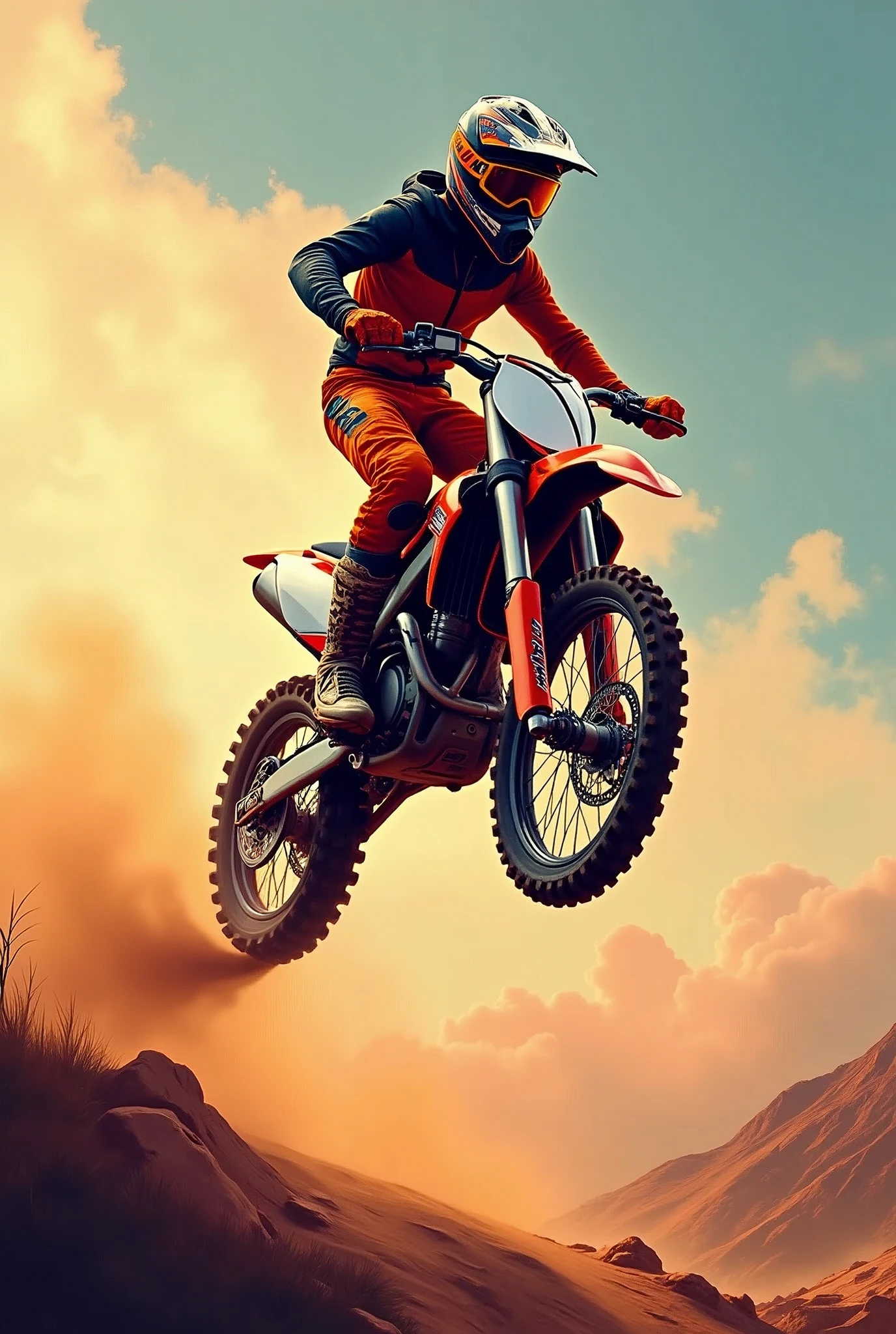 The image is a digital illustration or artwork that captures a moment of action and adventure. It features a motocross rider mid-jump ground far below his high jump, emphasizing the sport's dynamic nature. The rider's attire and the bike are detailed, suggesting a focus on realism in this stylized representation. The background landscape adds to the sense of motion and environment, likely chosen to enhance the dramatic effect of the scene. The colors are vibrant, with a warm color palette that could imply a setting sun or a stylized evening sky. Overall, the image seems to convey a sense of thrill and freedom associated with off-road motorcycling, retina, accurate, masterpiece, super detail, high details, best quality, award winning, highres, HD, 4K, 8k, 16k, retina, accurate, masterpiece, anatomically correct, textured skin, super detail, high quality, award winning, highres, 8k, 16k
