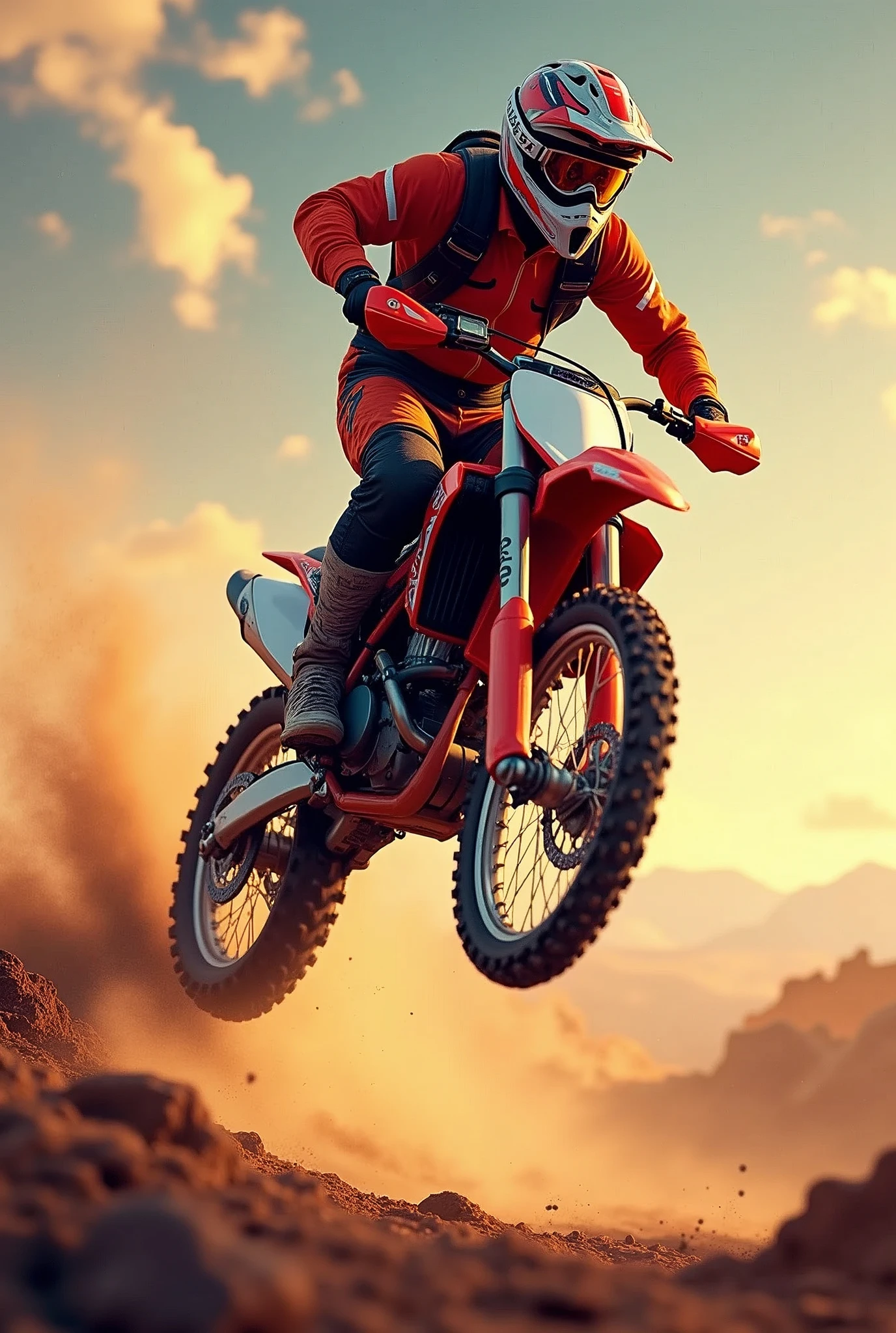 The image is a digital illustration or artwork that captures a moment of action and adventure. It features a motocross rider mid-jump ground far below his high jump, emphasizing the sport's dynamic nature. The rider's attire and the bike are detailed, suggesting a focus on realism in this stylized representation. The background landscape adds to the sense of motion and environment, likely chosen to enhance the dramatic effect of the scene. The colors are vibrant, with a warm color palette that could imply a setting sun or a stylized evening sky. Overall, the image seems to convey a sense of thrill and freedom associated with off-road motorcycling, retina, accurate, masterpiece, super detail, high details, best quality, award winning, highres, HD, 4K, 8k, 16k, retina, accurate, masterpiece, anatomically correct, textured skin, super detail, high quality, award winning, highres, 8k, 16k