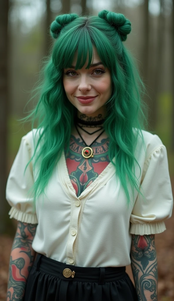Extremely specific 4K photograph of a woman with colorful tattoos, green hair, Brown eyes, soft smile, wearing a white woolen blouse and black skirt, horror park, halloween