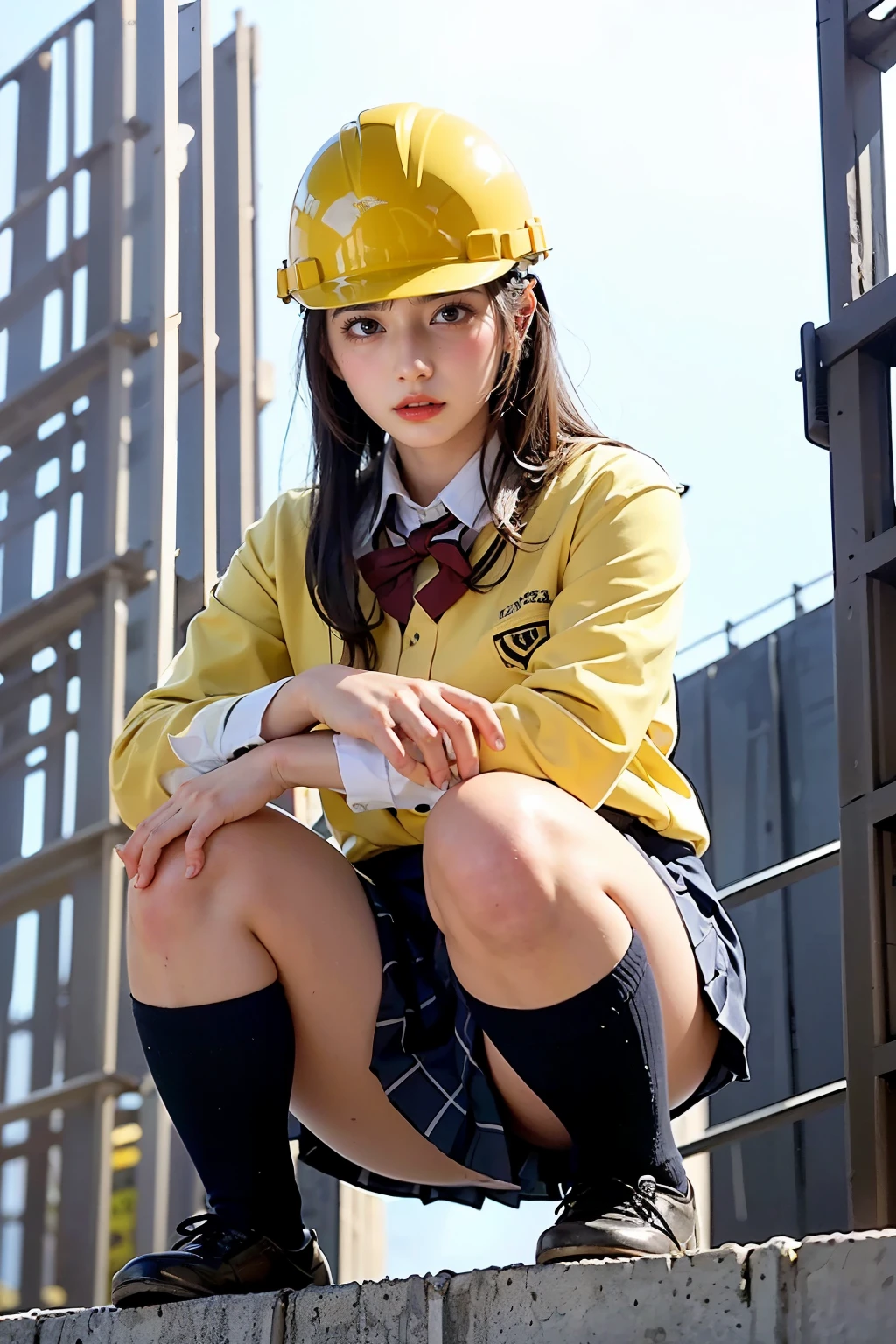 Masterpiece, bokeh, (Beautiful face), (Detailed face), (Japanese idle), (School uniform:1.3), (Pleated skirt:1.3), (Blushed face:1.3), (Plump breast:1.2), (Squatting in Steel bridge of construction site:1.5), (Yellow helmet:1.3), (From below:1.5),