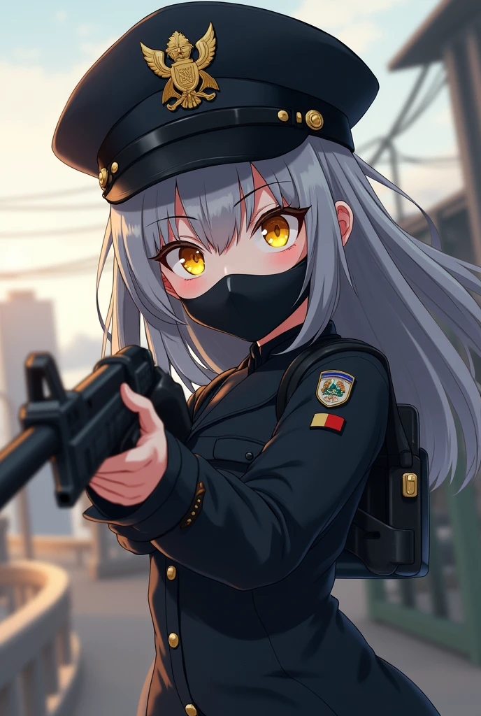 You could create a girl Anime style She has gray hair White skin Yellow eyes between orange She wears a black female military outfit and along with a Mexican military helmet also black She is holding a weapon and wearing a black face mask